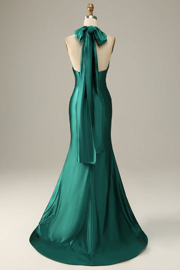 Abito da ballo a sirena con spacchi verde scuro Halter Lace Up con spacco